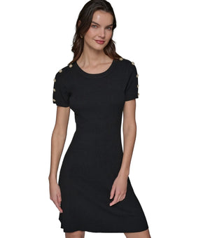 KARL LAGERFELD PARIS Ribbed Embellished-Button Dress Black Size XL MSRP $129