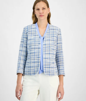 Kasper Women's Tweed 3/4-Sleeve Open-Front Blazer Petite Blue Size 16P MSRP $139