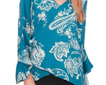 Vince Camuto Women's Paisley Flutter Sleeve V-neck Blouse Blue/Green Size M