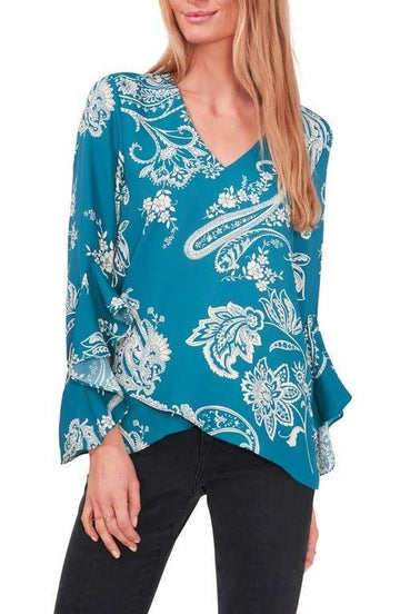 Vince Camuto Women's Paisley Flutter Sleeve V-neck Blouse Blue/Green Size M