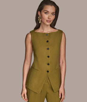 Donna Karan New York Women's Linen-Blend Vest Petite Size 2P Olive Green $159