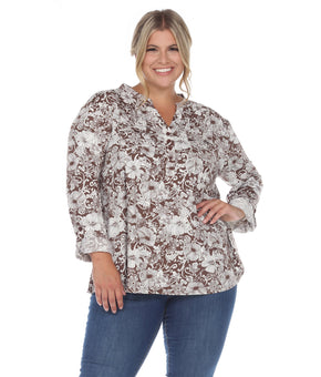 White Mark Women's Plus Size 1X Pleated 3/4 Sleeve Floral Blouse Brown MSRP $64
