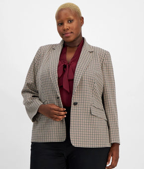 Kasper Plus Size Houndstooth-Print Single-Button Blazer Beige Size 16W MSRP $149