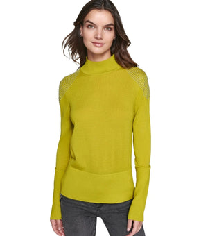 KARL LAGERFELD PARIS Studded-Shoulder Turtleneck Sweater Green Size XS MSRP $109