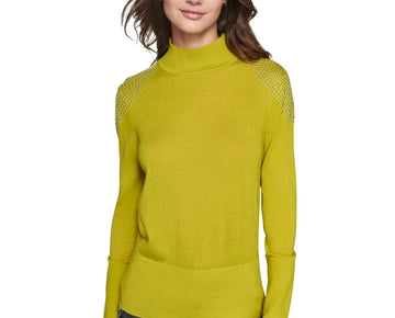 KARL LAGERFELD PARIS Studded-Shoulder Turtleneck Sweater Green Size XS MSRP $109