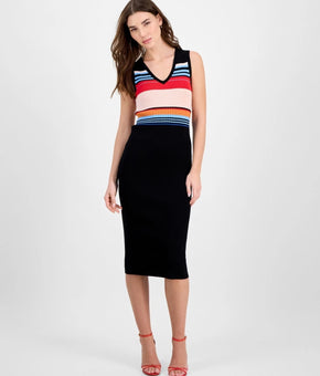 T Tahari Women's Ribbed Striped Bodycon Dress Black Size S MSRP $98