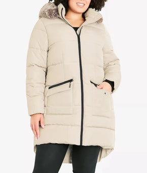 AVENUE Plus Size Contrast Zip Faux Fur Trim Hooded Coat Cement Gray Size 24 $175