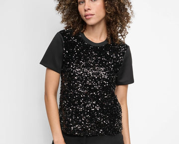 DKNY Women's Crewneck Short-Sleeve Sequin Blouse Black Size L MSRP $89