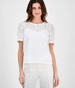 Anne Klein Women's Short-Sleeve Lace Overlay polyester Blouse White Size M $89