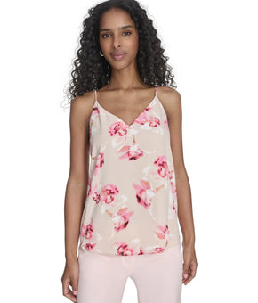 Calvin Klein Women's Polyester Printed V-Neck Sleeveless Top Pink Size XL $59