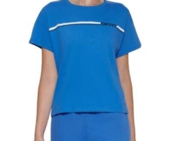 Dkny Sport Women's Cotton Logo-Stripe Cropped T-Shirt Blue Size L MSRP $40