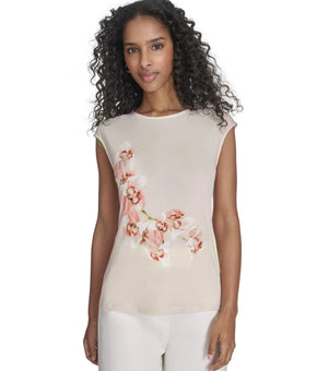 Calvin Klein Petite Size PXL Sleeveless Scoop neck Printed Blouse Beige $59