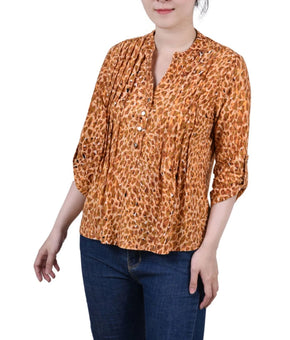 NY Collection Petite 3/4 Roll Tab Sleeve Pintuck Top Brown Leopard Size PXL