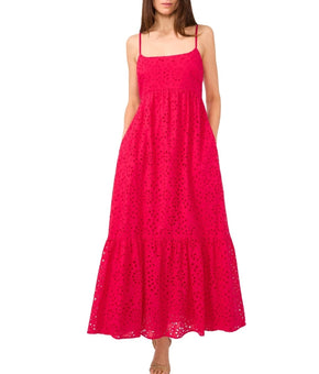 1.STATE Women Cotton Eyelet Detail Cotton Maxi Dress Magenta Pink Size S $129