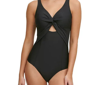 DKNY Peekaboo Twist-Detail Low-Back One-Piece Swimsuit Black Size 16 MSRP $108