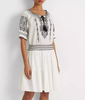 Lauren Ralph Lauren Embroidered Cotton Voile Dress White Size 14 MSRP $225