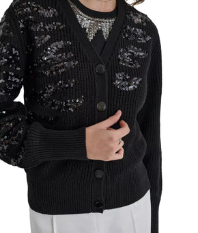 DKNY Women's Animal-Sequin Rib-Knit Button-Up Cardigan Black Size XS MSRP $109