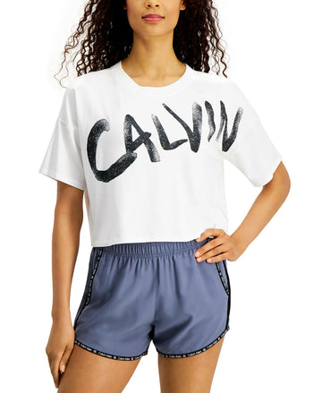 Calvin Klein Performance Brushed-Logo Relaxed Cropped T-Shirt White Size S, $40