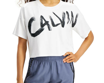 Calvin Klein Performance Brushed-Logo Relaxed Cropped T-Shirt White Size XL, $40