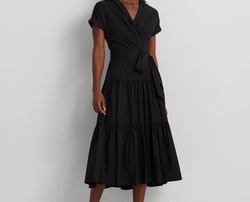 Lauren Ralph Lauren Women's Belted Cotton-Blend Tiered Dress Black Size 16 $185