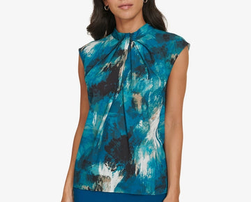 Calvin Klein Women's Printed Twist-Front Cap-Sleeve Top Green Size XL MSRP $69