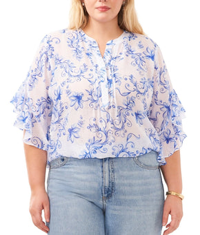 Vince Camuto Plus Size 3X Printed Pintuck Flutter 3/4-Sleeve Blouse Blue MSRP$89