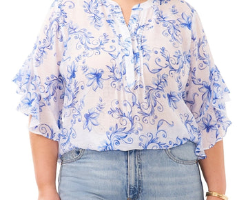 Vince Camuto Plus Size 3X Printed Pintuck Flutter 3/4-Sleeve Blouse Blue MSRP$89