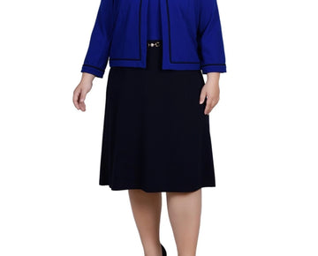 NY Collection Plus Size 3/4 Sleeve Jacket + Dress, 2 Piece Set Blue Size 18W