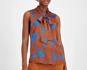 Tahari ASL Women Floral-Print Bow-Neck Blouse Brown Size S SALE $69