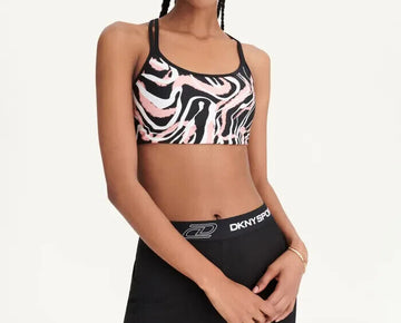 DKNY SPORT Women's Marble-Print Sports Bra Black Pink Size XL MSRP $45