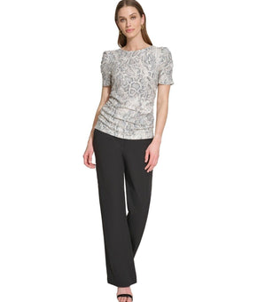 Dkny Women's Crewneck Side-Ruched Short-Sleeve Top SAND BEIGE Size M MSRP $59