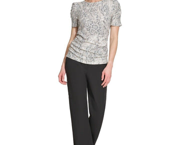 Dkny Women's Crewneck Side-Ruched Short-Sleeve Top SAND BEIGE Size M MSRP $59