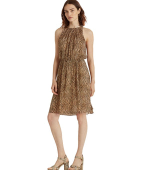 RALPH LAUREN Brown Pleated Sheer Lined Back Dress Animal Print Size 8 $135