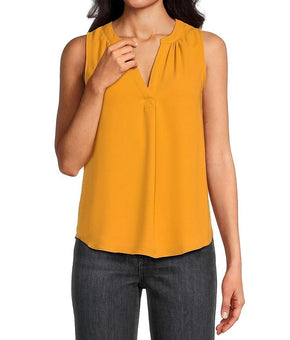 T Tahari Women's Split-Neck Sleeveless Top Mustard Yellow Size XS MSRP $68