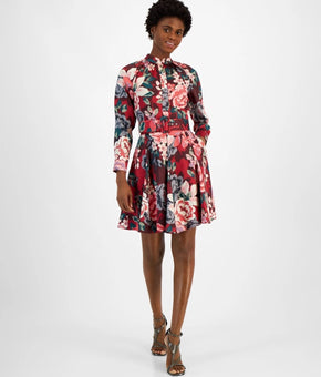 Tahari ASL Women Mock-Neck Long-Sleeve Belted Fit & Flare Dress Red Size 4 $159