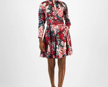 Tahari ASL Women Mock-Neck Long-Sleeve Belted Fit & Flare Dress Red Size 8 $159