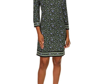 Michael Kors Petite Size A-Line Border Print Dress Green Size P/M MSRP $98