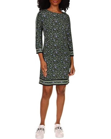 Michael Kors Petite Size A-Line Border Print Dress Green Size P/M MSRP $98