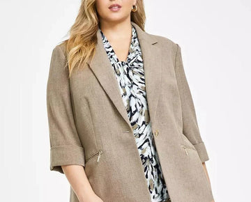 Kasper Plus Size Zip-Pocket One-Button Blazer Brown Size 20W MSRP $129