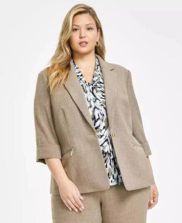 Kasper Plus Size Zip-Pocket One-Button Blazer Brown Size 20W MSRP $129