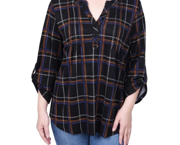 NY Collection Petite Size PM 3/4 Roll Sleeve Top Black