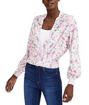 INC Womens Floral Print Ribbed Knit Cardigan Sweater Pink Size M