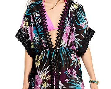 Miken Juniors Lace-Inset Tie-Front Kimono Cover-up, Swimsuit - Tropical Multi M