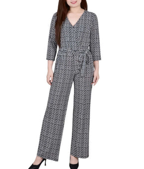 NY Collection Petite 3/4 Sleeve Printed Belted Jumpsuit Black White Size PL $65