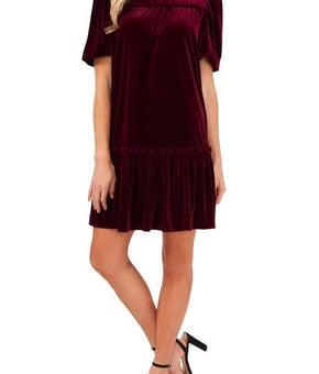 CeCe Women's Short Sleeve Velvet Ruffled Knit Dress Red Burgundy Size L MSRP$119