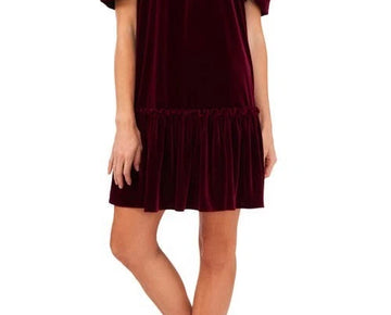 CeCe Women's Short Sleeve Velvet Ruffled Knit Dress Red Burgundy Size L MSRP$119