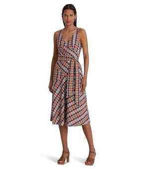 LAUREN Ralph Lauren Belted Cotton Madras Dress Purple Navy Size 8 MSRP $195