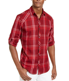 INC Mens Marc Red Plaid Collared Long Sleeve Shirt Size XL All cotton
