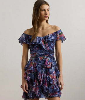 Lauren Ralph Lauren Print Off-the-Shoulder Cocktail Dress Blue Size 6 SALE $225