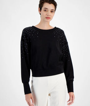 Boss Shirt Womens Size L Black Rhinestone Long Sleeve Boat Neck Top $98